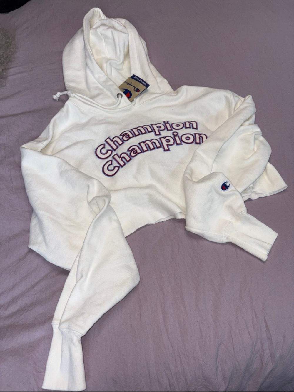 Champion Cropped Hoodie in White with red and blue stichting  Logo